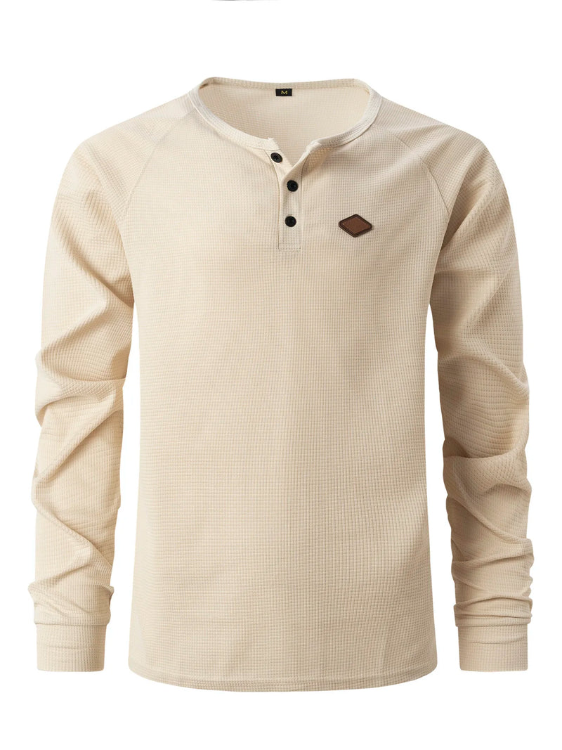 2024 New vintage Waffle Men's Henry shirt with button-down crew-neck and long sleeves