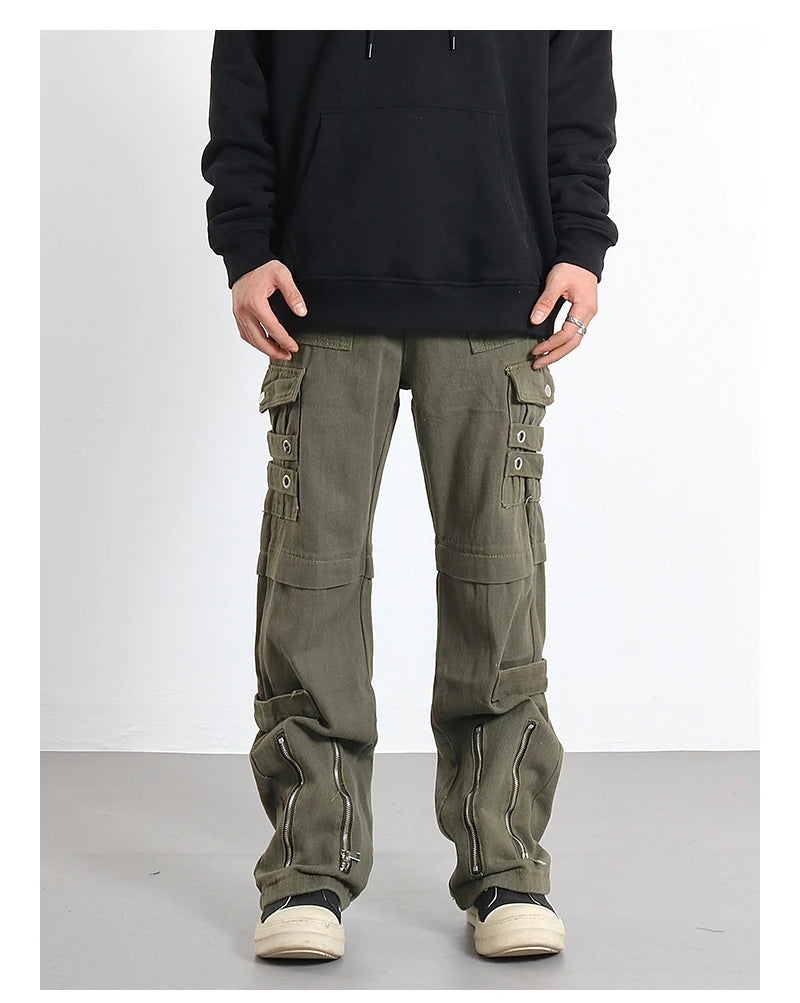 hip hip pants men bottom zipper cargo pants streetwear side pockets harajuku joggers unisex baggy loose straight cotton trousers unique joggers style 3227