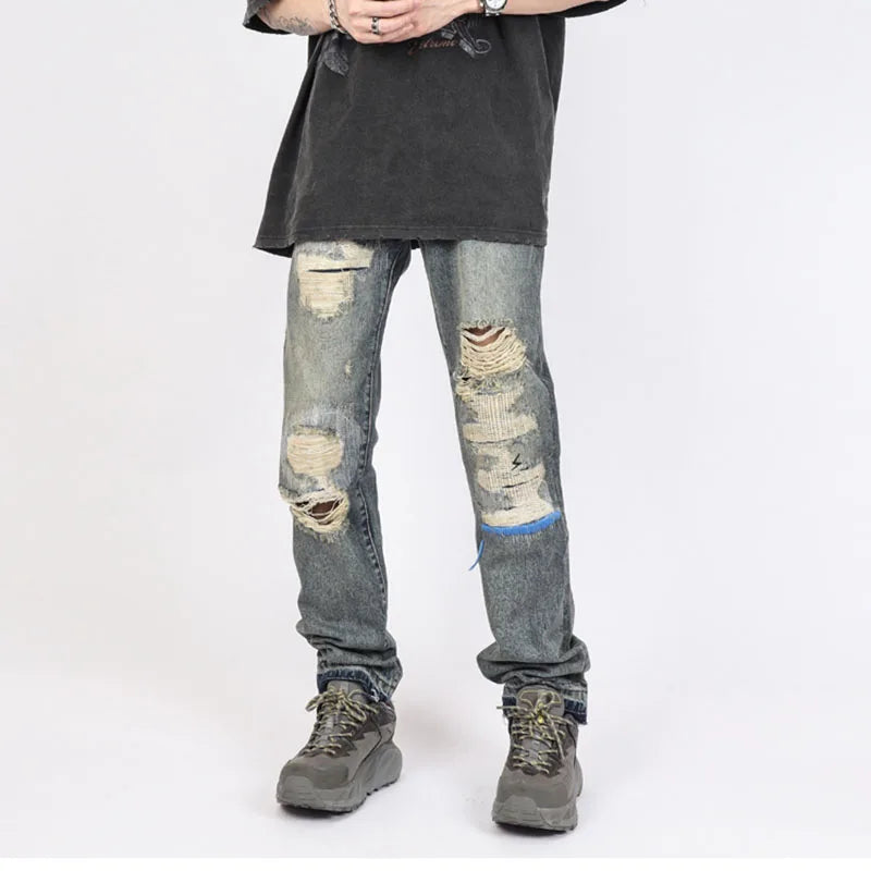 hole ripped retro straight spliced mens jeans streetwear washed pcoekts distressed denim trousers loose hip hop jean pants denim street jeans