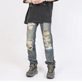 hole ripped retro straight spliced mens jeans streetwear washed pcoekts distressed denim trousers loose hip hop jean pants denim street jeans