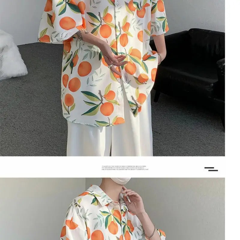 Gothic Streetwear – Orange Cute Fruit Peaches Full Print Shirts Loose Half Sleev – Modern Streetwear for Everyone