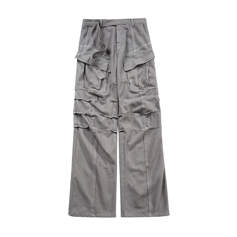 streetwear big pockets sashes pleated baggy jeans for men and women washed straight casual cargo pants oversize denim trousers combat utility trousers