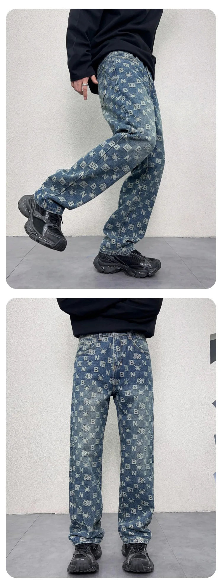 men jacquard streetwear hip hop vibe casual straight denim jeans pants boyfriend high street ripped jeans trousers unique jeans style 3107