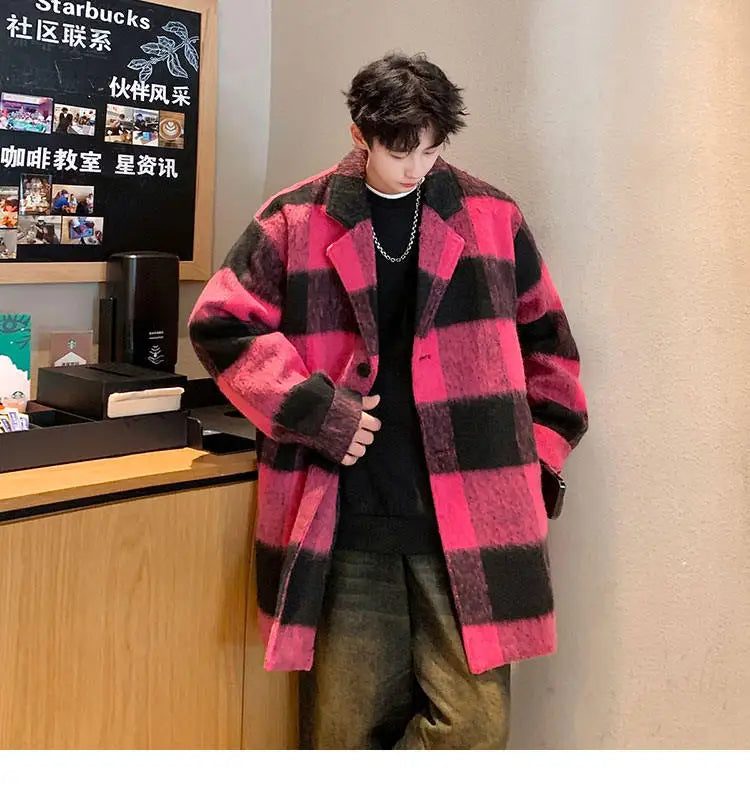 Plaid Woolen Trenchcoat Men Autumn Winter Fashion Retro Streetwear Suit Collar Loose Casual Trendy Trench Coat Outerwear