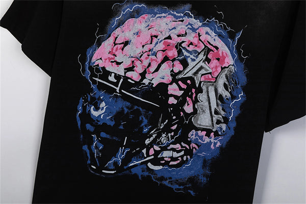 24AW HS Brand Fashion Vintage Retro Brain Helmet Print Pure Cotton Quality Casual Oversized High-Street Tops T-Shirt