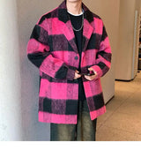 Plaid Woolen Trenchcoat Men Autumn Winter Fashion Retro Streetwear Suit Collar Loose Casual Trendy Trench Coat Outerwear
