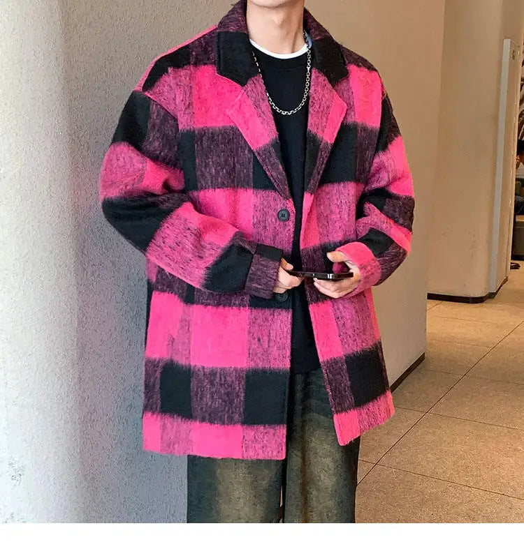 Plaid Woolen Trenchcoat Men Autumn Winter Fashion Retro Streetwear Suit Collar Loose Casual Trendy Trench Coat Outerwear
