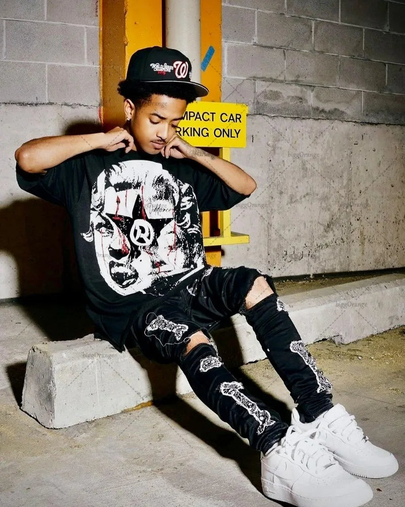 Skatercore Streetwear top – 2024 Summer American High Street Portrait Print Oversized Sh