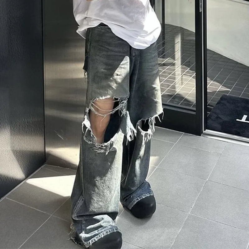 frayed damaged hole baggy wide leg jeans for men and women streetwear casual ropa hombre denim trousers oversized cargo pants baggy cargo bottoms