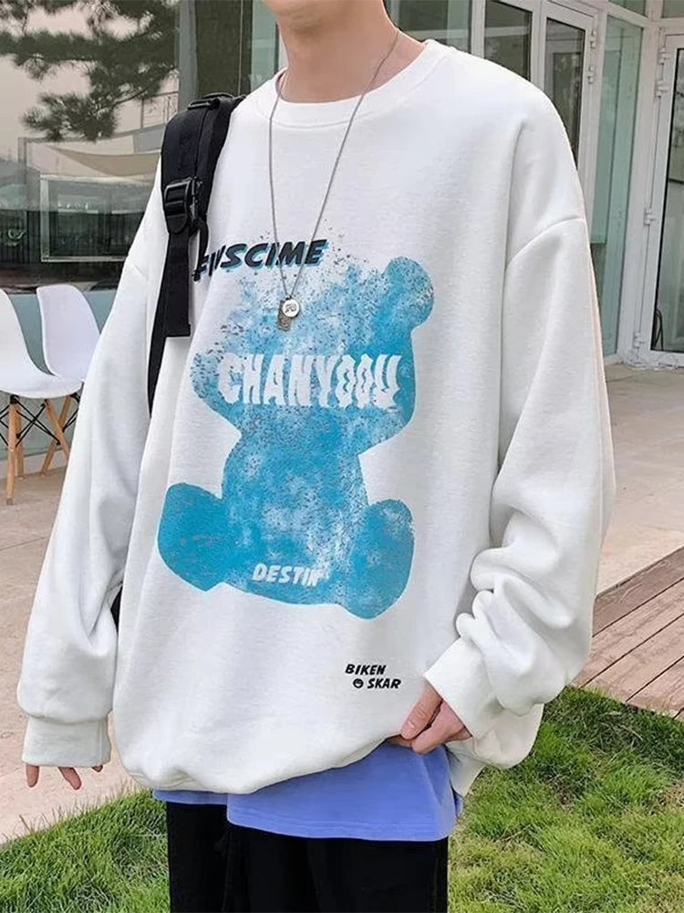 Graphic Blue Bear Kawaii Print Pullovers Hoodies For Men Autumn Fleece