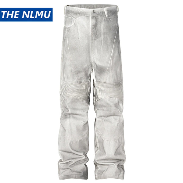 hi street dirty tie dye baggy jeans men pleated loose white straight jeans trousers luxury designer oversized denim pants denim street jeans