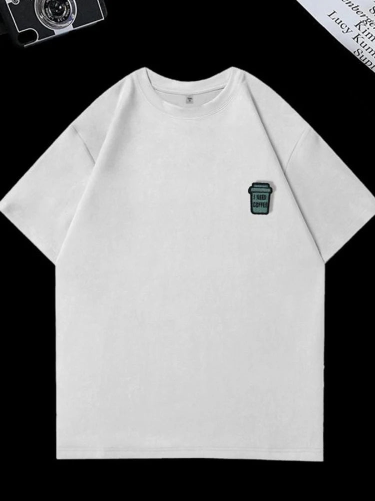 Glitchcore Oversized shirt – I Need Coffee Graphic Print Short Sleeve T Shirts Hombre Y2K