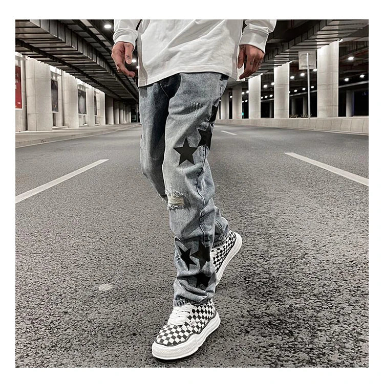 fashion ripped destroied jeans trousers distressed biker jeans with stars high street slim pants joggers denim jeans for men unique joggers style 3255