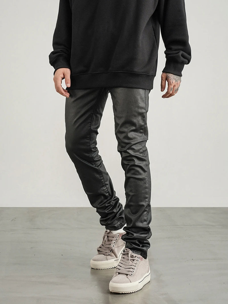 men pants high street wax coating pant casual streetwear hip hop zipper trousers harajuku fashion slim fit skinny pants joggers unique joggers style 2129