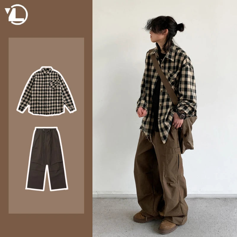 japanese college mens sets rough edge embroidery plaid shirt jackets big pocket retro cargo pants 2 pcs 2024 new casual suits unique cargo style 4456