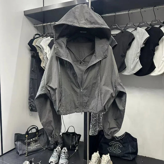Korean Fashion Crop Jacket Women Black Windbreaker Jacket Casual Overs