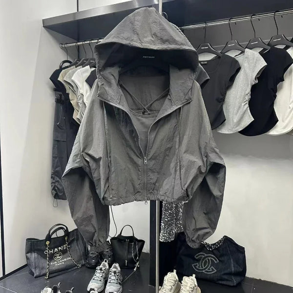 Korean Fashion Crop Jacket Women Black Windbreaker Jacket Casual Overs