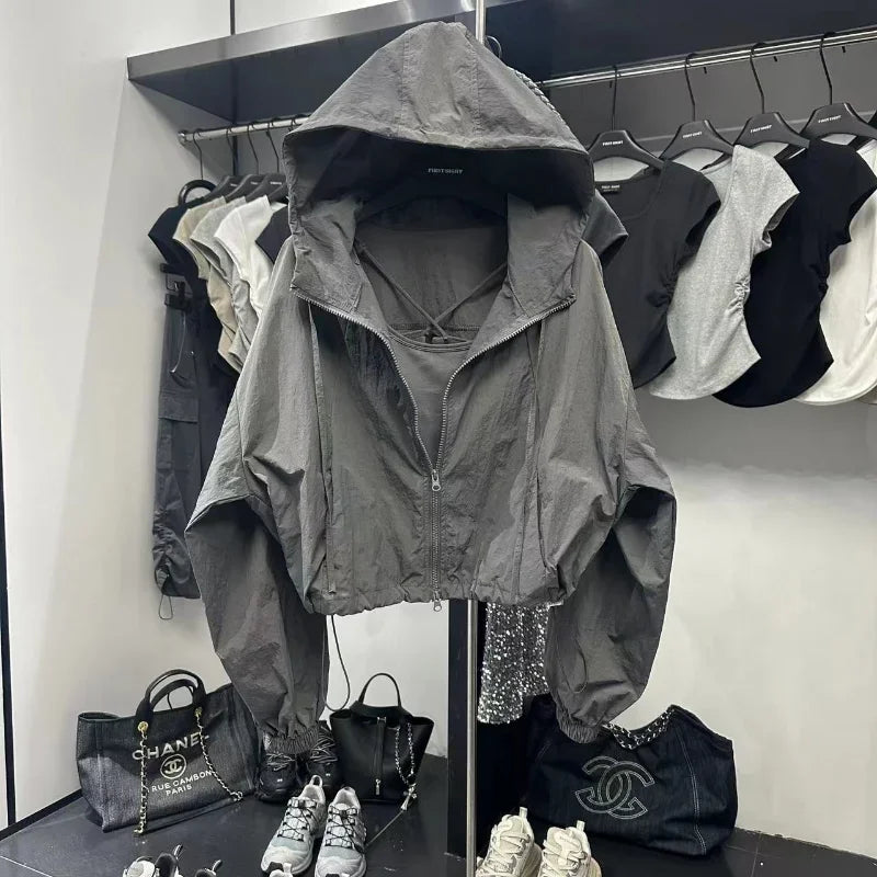 Korean Fashion Crop Jacket Women Black Windbreaker Jacket Casual Overs