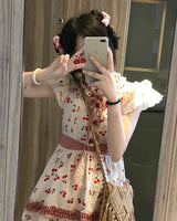 Summer Red Lolita Kawaii Dress Women Bow Sweet Princess Party Mini Dress Female Patchwork Korean Fashion Cherry Cute Dress 2023