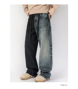 men streetwear fashion black blue splice hip hop loose casual wide leg straight baggy jeans pant cityboy jeans pants trousers unique jeans style 2643