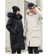 Korean Style Winter Long Parka Coat Men Woman Down Jacket Clothing Hooded Fur Collar Thicken Warm Leisure Lovers Overcoat