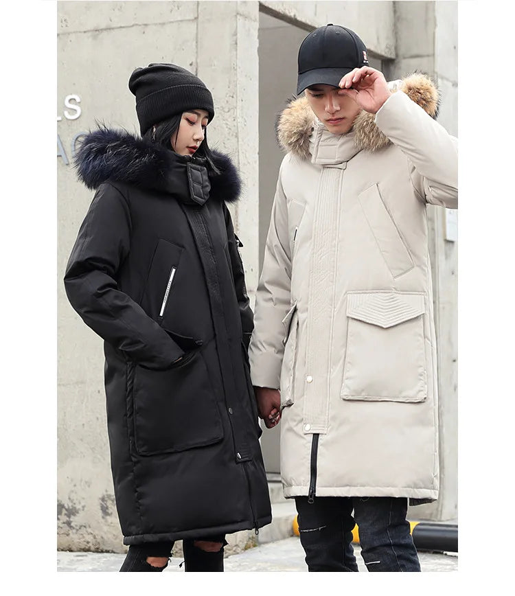 Korean Style Winter Long Parka Coat Men Woman Down Jacket Clothing Hooded Fur Collar Thicken Warm Leisure Lovers Overcoat