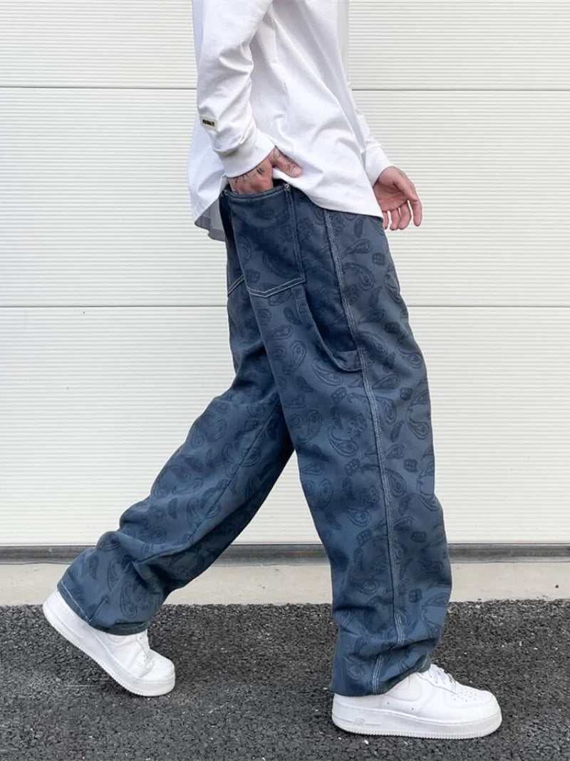 hip hop straight denim jeans pants fashion zipper paisley jeans streetwear mens new casual loose trousers jean pants joggers relaxed fit joggers