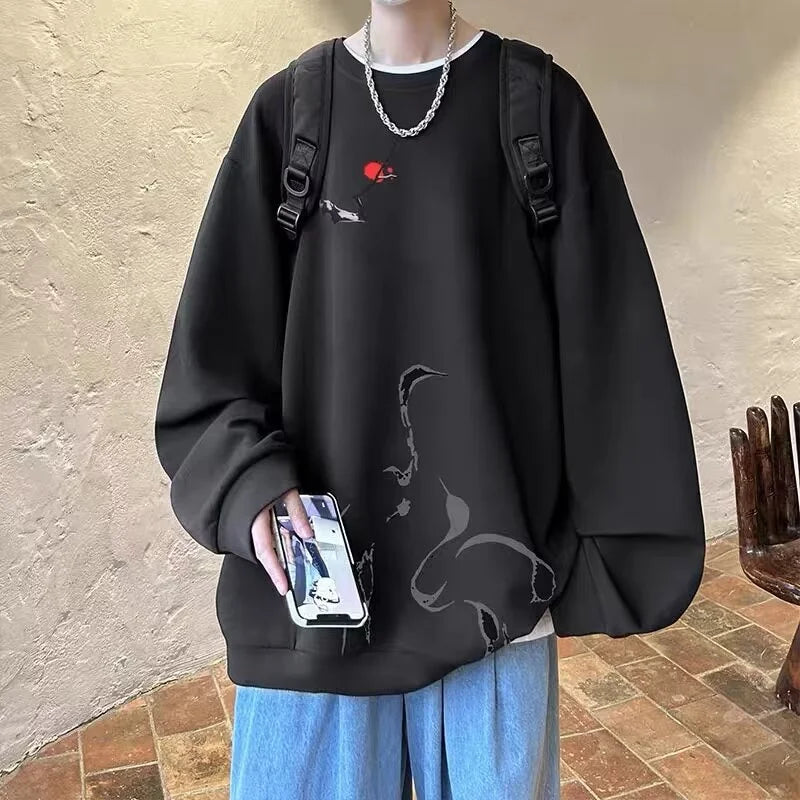 Ink Painting Cartoon Crane Printed Pullover Hoodies For Men 2024 New H
