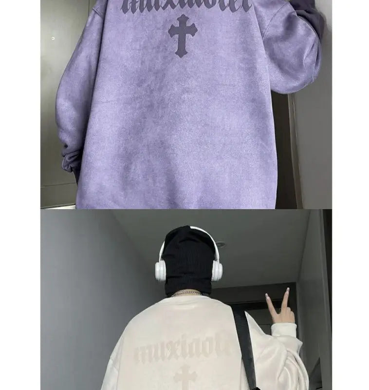 Winter Korean Trendy Suede Sweatshirt for Men in Autumn New Y2K American High Street Handsome Long-sleeved Couple Printed Top