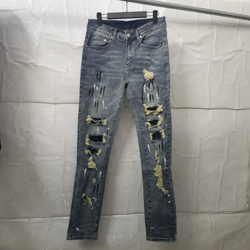 2023 brand new classic old washing rhinestones ripped holes jeans cotton denim pants comfort casual jeans size cargo 28 36 620 combat utility trousers