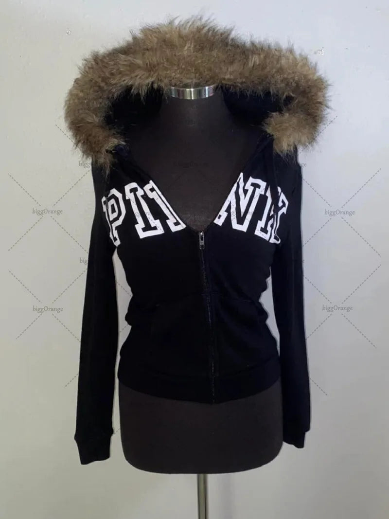 Harajuku Y2K Streetwear Jacket High Street Retro Fur Collar Zipper Hoo