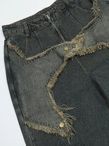 fashion patchwork frayed star denim straight jean pant men casual side pocket y2k trouser unisex hip hop streetwear jeans pants unique jeans style 387