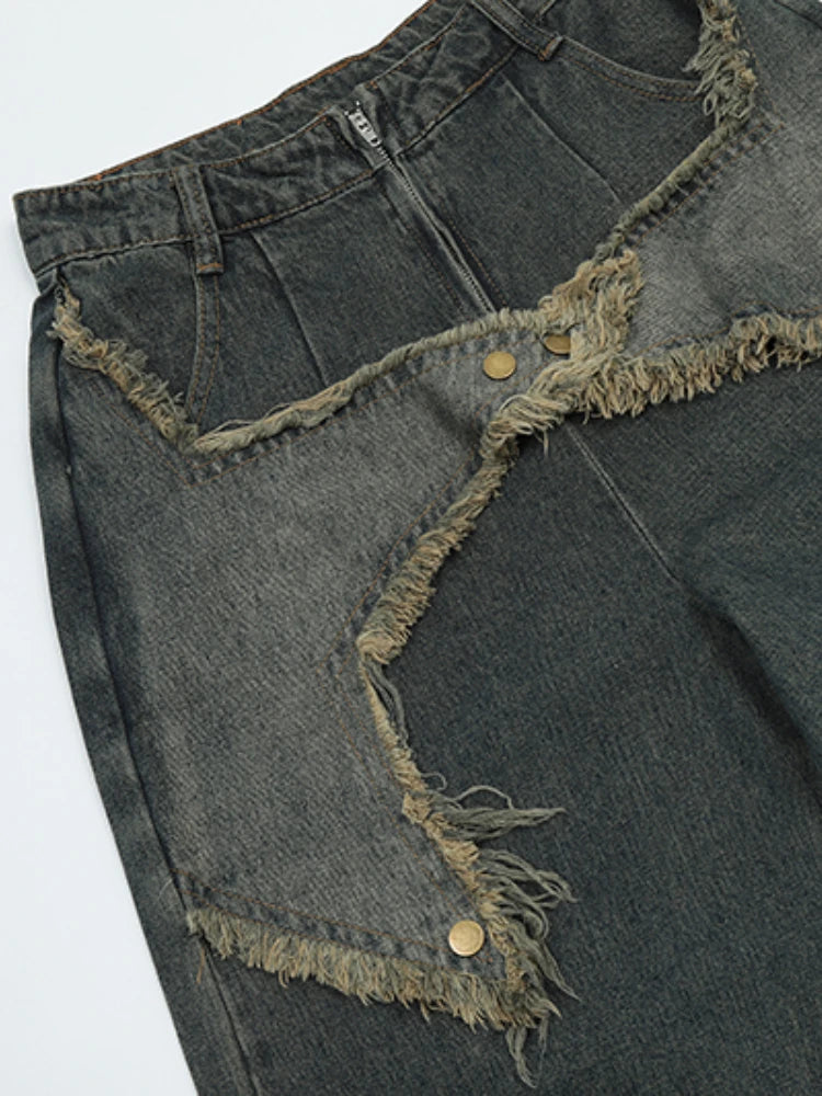 fashion patchwork frayed star denim straight jean pant men casual side pocket y2k trouser unisex hip hop streetwear jeans pants unique jeans style 387
