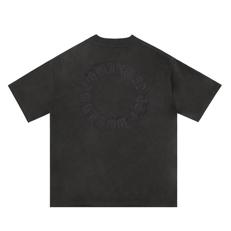 Original Letter Embroidery O Neck Suede Summer Short Sleeve Streetwear Casual Oversized Top