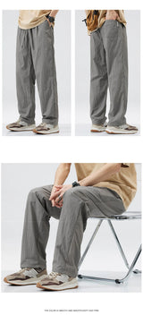 2024 new linen straight baggy pants for men summer breathable wide leg trousers y2k streetwear drawstring gym pantalones hombre unique default style 3278