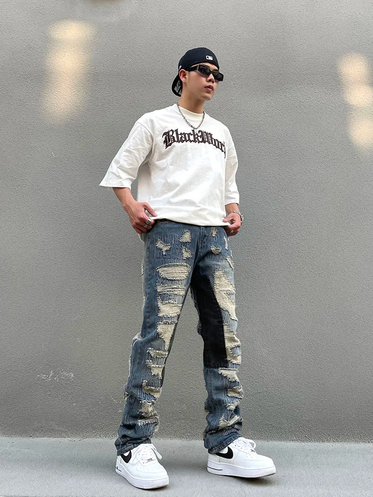destroy ripped scratched patchwork denim jeans mens casual straight biker zipper trousers streetwear hip hop jean pants joggers unique joggers style 3909