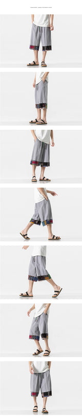 mens summer thin linen shorts loose straight mens pants japanese patchwork wind over the knee beach pants unique shorts style 3253