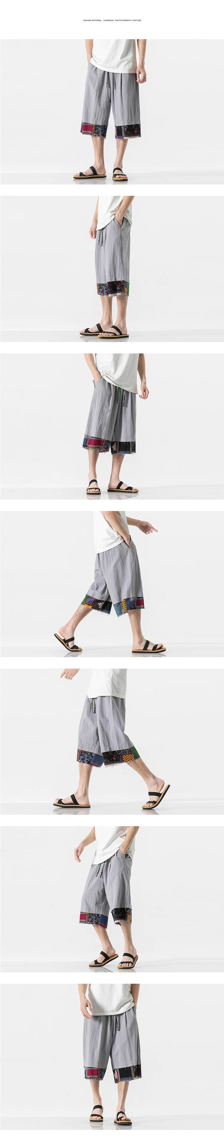 mens summer thin linen shorts loose straight mens pants japanese patchwork wind over the knee beach pants unique shorts style 3253