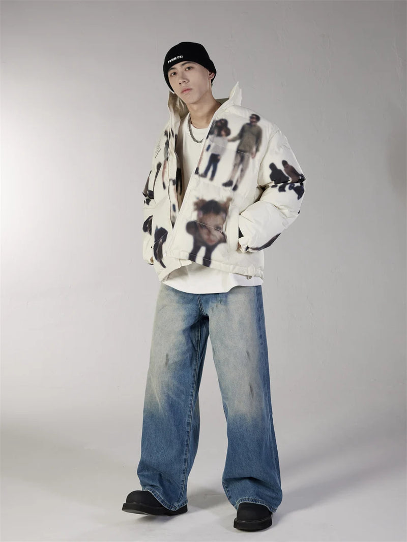Hip Hop Jacket Parka Human Graffiti Print Men Winter Windbreaker Streetwear Harajuku Padded Jacket Coat Warm Outwear Hipster New