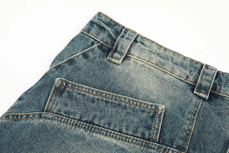 streetwear side pockets pleated washed blue jeans unisex straight baggy y2k denim pants ropa hombre casual cargo pants oversized unique cargo style 1199