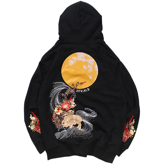 2023 Men Hip Hop Hoodie Sweatshirt Embroidered Floral Full Moon Rabbit Harajuku Streetwear Hoodie Pullover Cotton Autumn Hipster