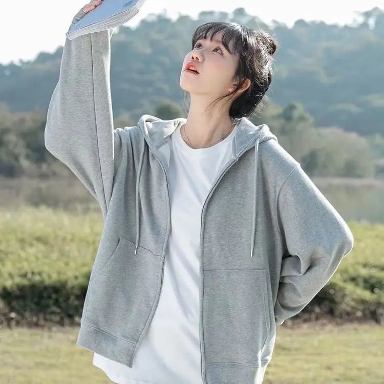 Grey Sweatshirt Hooded Casual Cotton Cardigan Sweatshirts Gray Women C