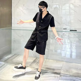 Mens Hot Flower Rhinestone Short-Sleeve Shorts Two-Piece Niche Personality Shiny Elegant British Two-Piece Suit Men'S Clothing