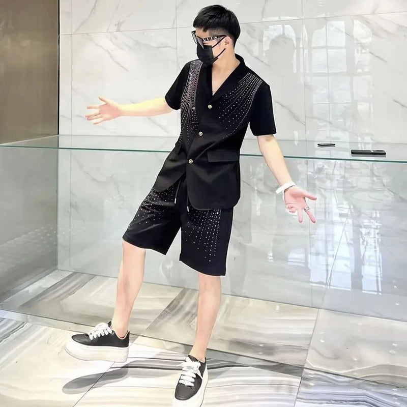Mens Hot Flower Rhinestone Short-Sleeve Shorts Two-Piece Niche Personality Shiny Elegant British Two-Piece Suit Men'S Clothing