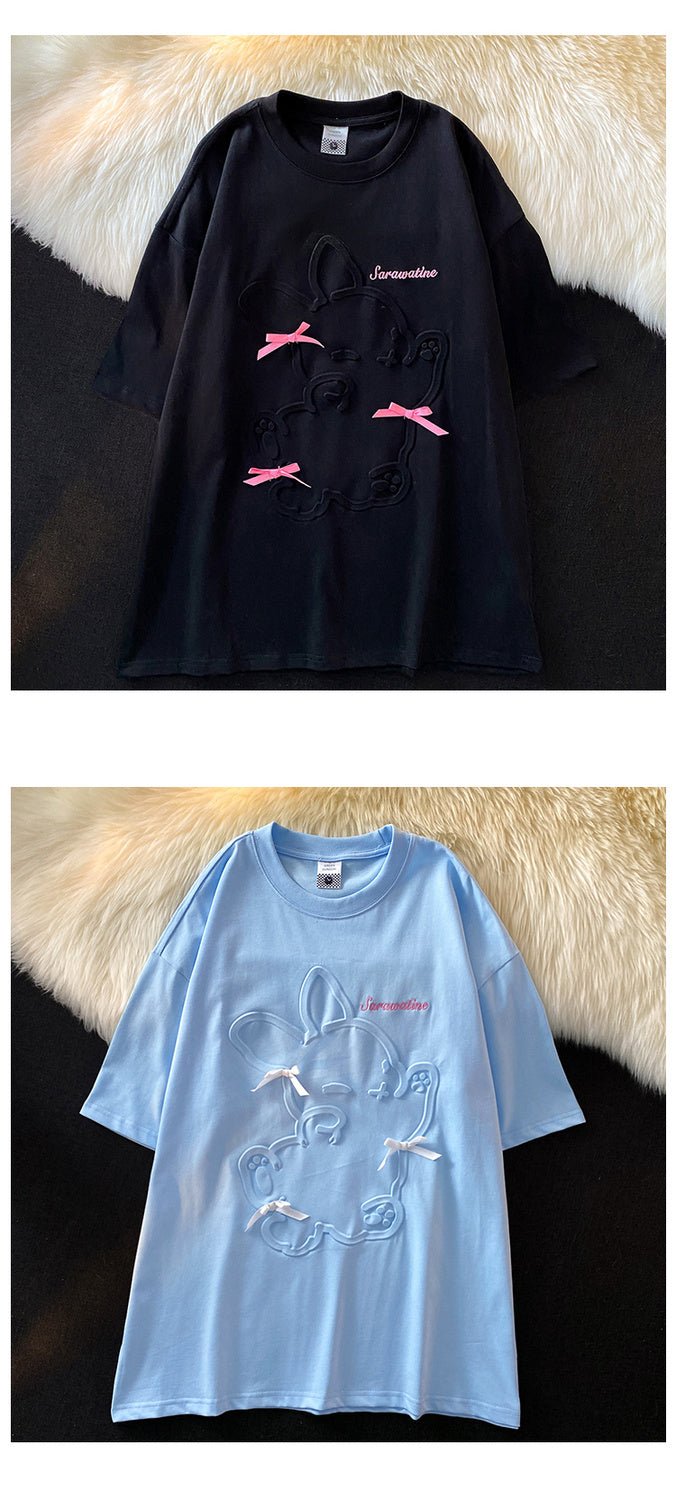 Skatercore Top – 3D Embossed Rabbit Cartoon T Shirts Students Girls Kawaii Te – Modern Streetwear for Everyone