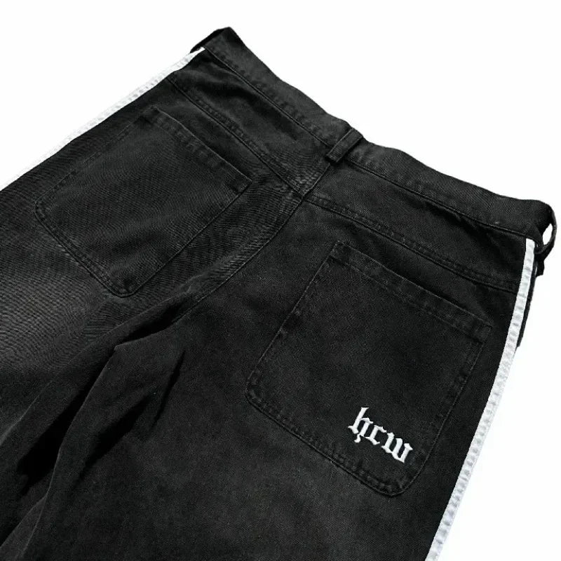 new hip hop baggy jeans harajuku goth y2k jeans for men black striped embroidered wide leg denim pants high street streetwear unique jeans style 304