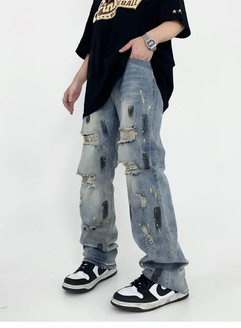 graffiti printed ripped destroied straight denim jean men hip hop distressed biker jeans fashion casual high street pants jogger unique joggers style 1620