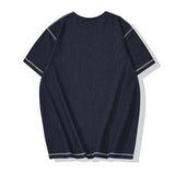 Glitchcore Melting smiley – Denim Blue Knitted Henry Collor T Shirt Men Vintage Topstitc
