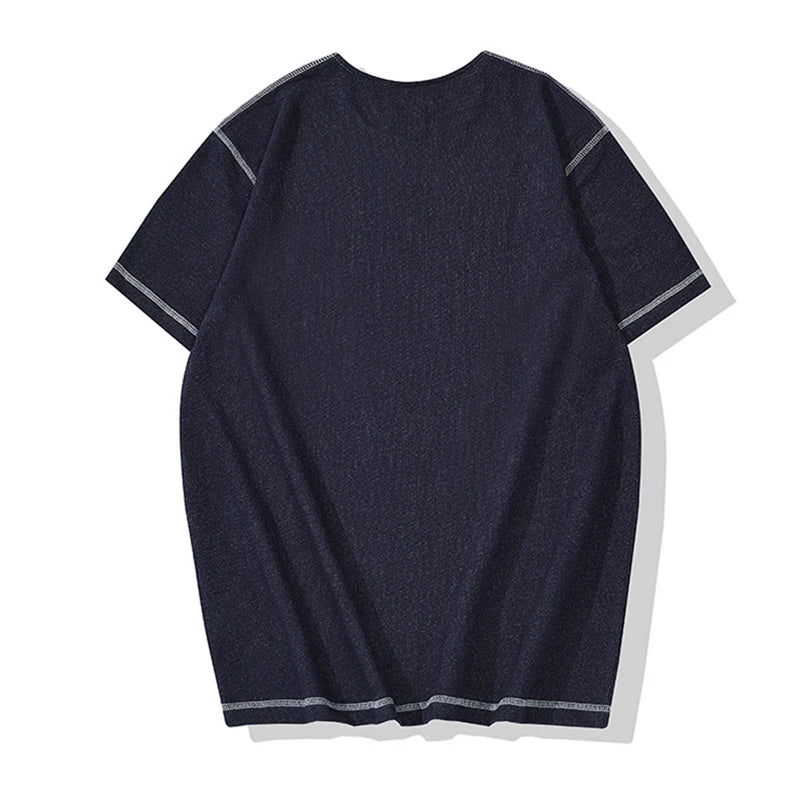 Glitchcore Melting smiley – Denim Blue Knitted Henry Collor T Shirt Men Vintage Topstitc