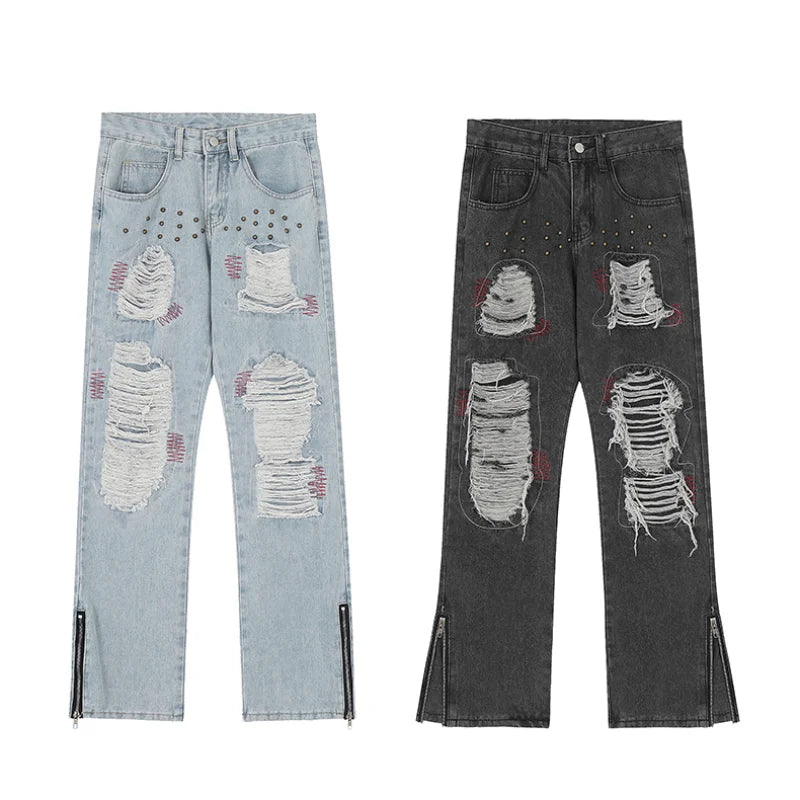 destroy ripped holes patchwork denim jeans men unisex casual rivet bottom zipper trousers jeans streetwear hip hop pants joggers unique joggers style 3631